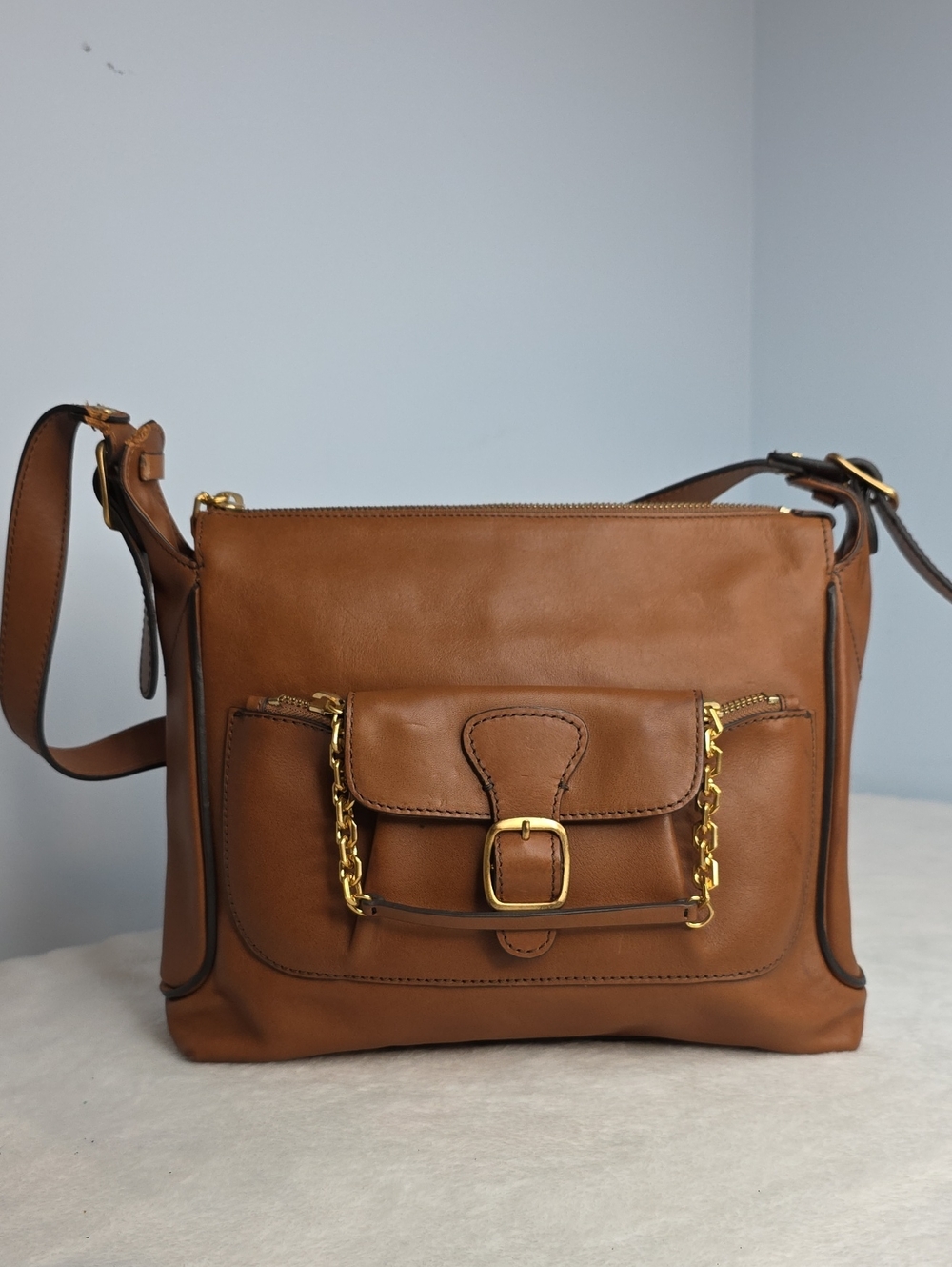 Ellen Tracy Tan Brown Leather Bag with Gold Hardware
